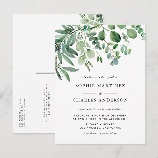 Invitation Carte Postale Aquarelle Eucalyptus Verdure QR Code Mariage (Devant / Derrière)
