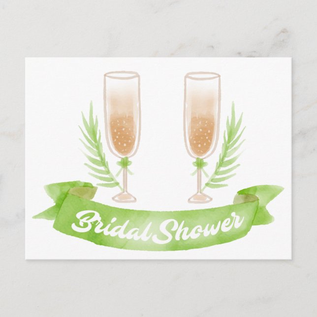 Invitation Carte Postale Aquarelle Fête des mariées verte Champagne Glaces (Devant)