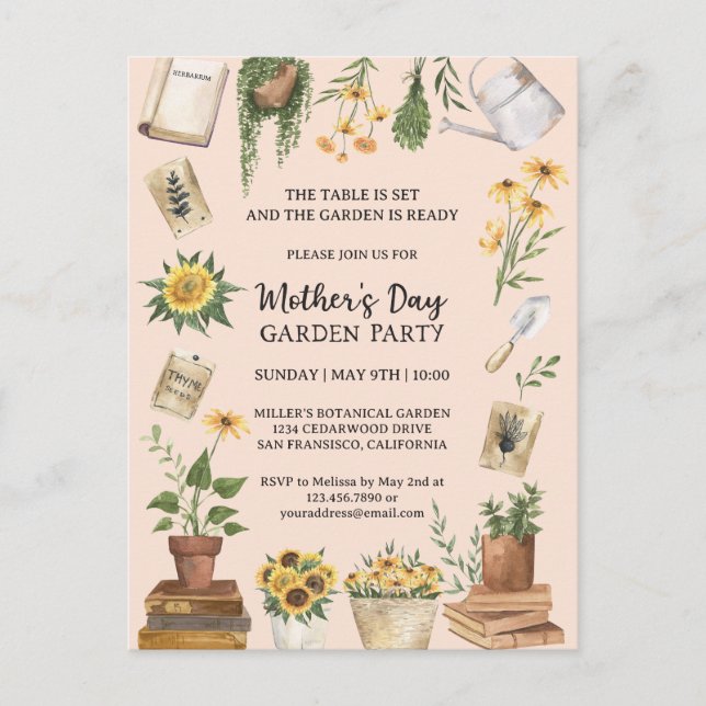 Invitation Carte Postale Aquarelle Fête des Mères Tournesol Garden Party In (Devant)