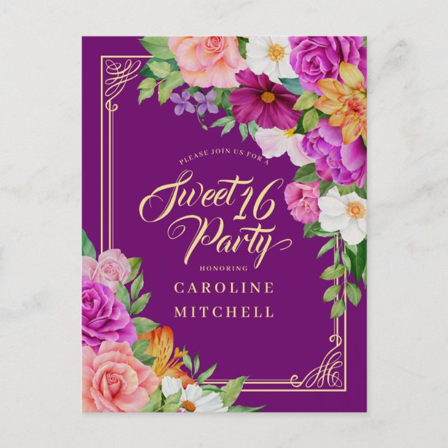 Invitation Carte Postale Aquarelle fleurie violet budget Sweet 16 (Devant)