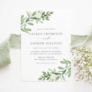 Invitation Carte Postale Aquarelle Fleurs blanches et Mariage de verdure