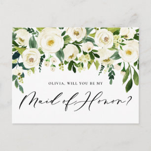 Invitation Carte Postale Aquarelle Fleurs blanches Maid of Honor Propositio