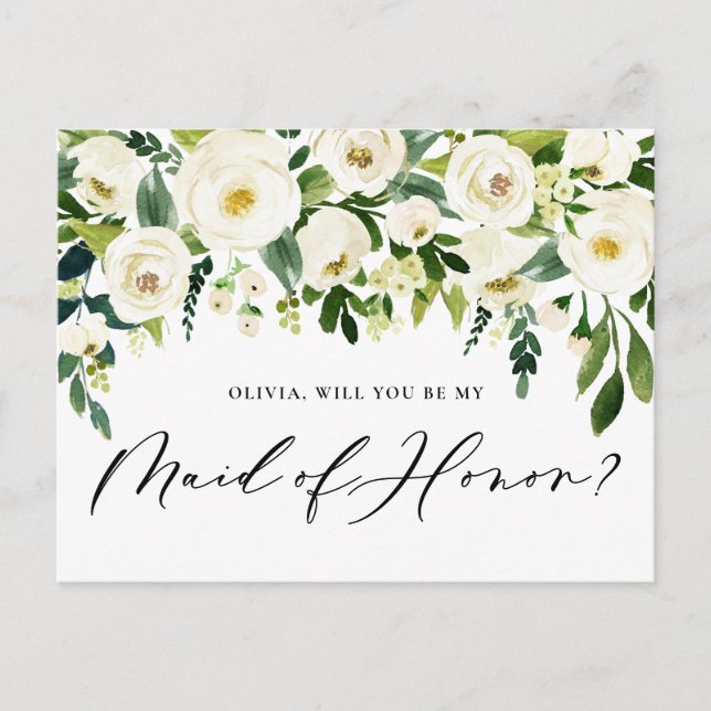 Invitation Carte Postale Aquarelle Fleurs blanches Maid of Honor Propositio (Devant)