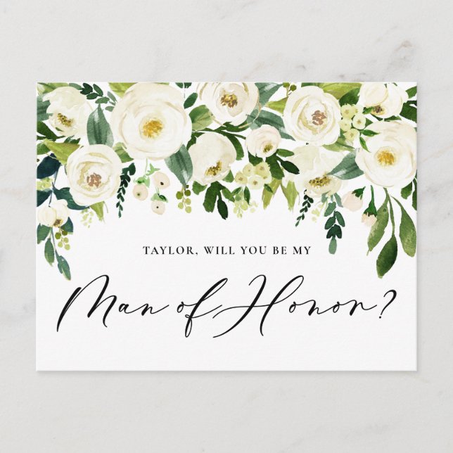 Invitation Carte Postale Aquarelle Fleurs blanches Mon homme d'honneur Prop (Devant)