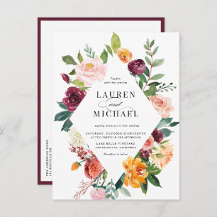 Invitation Carte Postale Aquarelle Fleurs d'automne Cadre QR Code Mariage