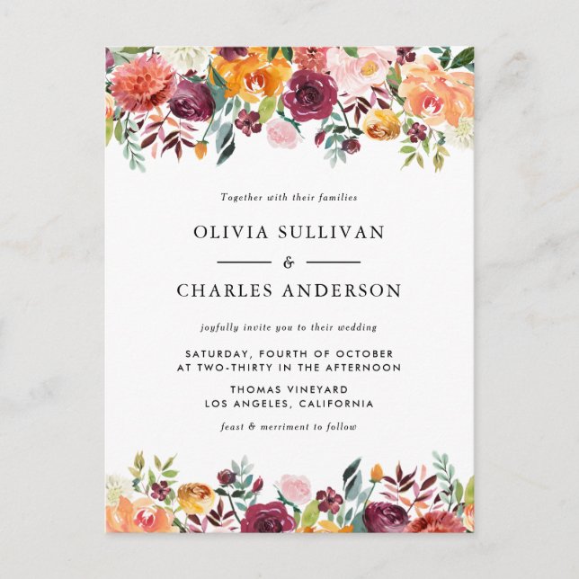 Invitation Carte Postale Aquarelle fleurs d'automne QR Code Mariage de auto (Devant)