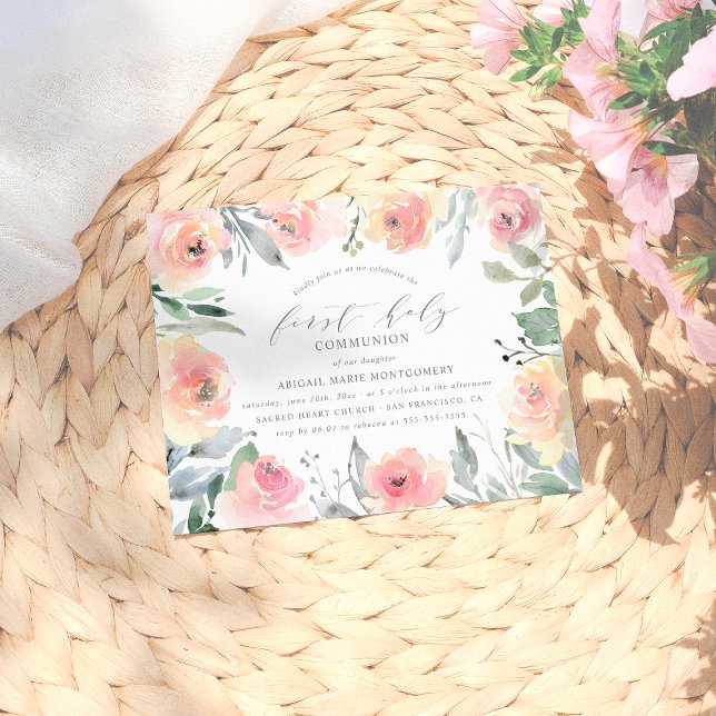 Invitation Carte Postale Aquarelle Fleurs & Foliage Première communion sain (Créateur téléchargé)