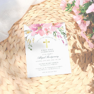 Invitation Carte Postale Aquarelle Fleurs Roses Rouges Première Communion S