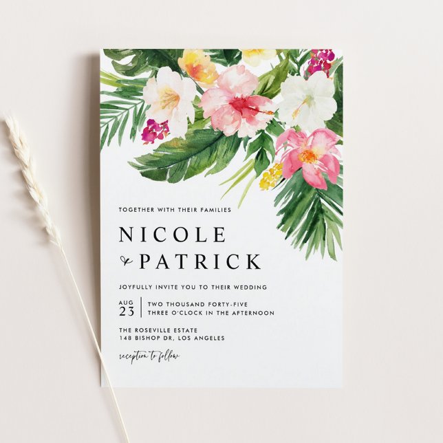 Invitation Carte Postale Aquarelle Fleurs tropicales et Mariage de verdure (Watercolor Tropical Flowers and Greenery Wedding Invitation Postcard)