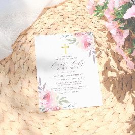 Invitation Carte Postale Aquarelle Floral Gold Cross Première communion sai