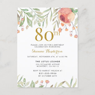 Invitation Carte Postale Aquarelle Floral Gold Parties scintillant 80e fête