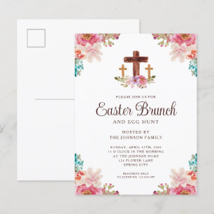 Invitation Carte Postale Aquarelle florale Croix religieuse Brunch de Pâque