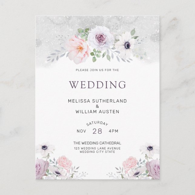 Invitation Carte Postale Aquarelle Florale Hiver Anémonique Rose Mariage (Devant)