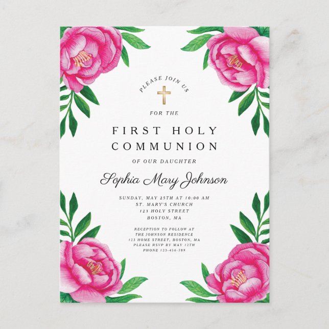 Invitation Carte Postale Aquarelle florale Peonies roses Première communion (Devant)