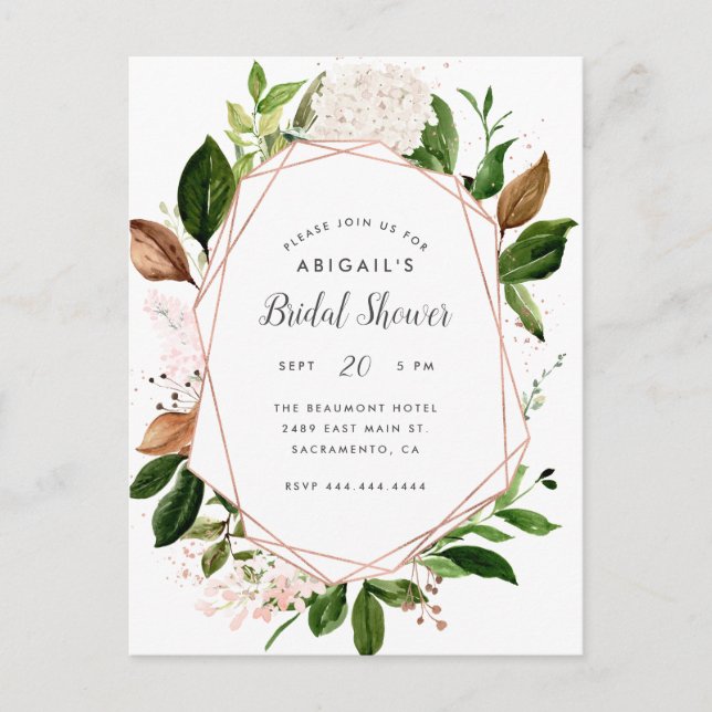 Invitation Carte Postale Aquarelle géométrique or rose Floral Bridal Showe (Devant)