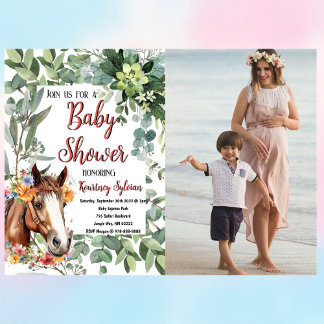 Invitation Carte Postale Aquarelle Horse Floral Baby shower photo personnal