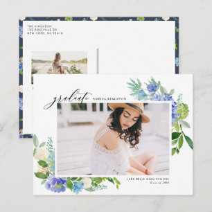 Invitation Carte Postale Aquarelle Hydrangea Bleu Cadre Photo Remise de dip