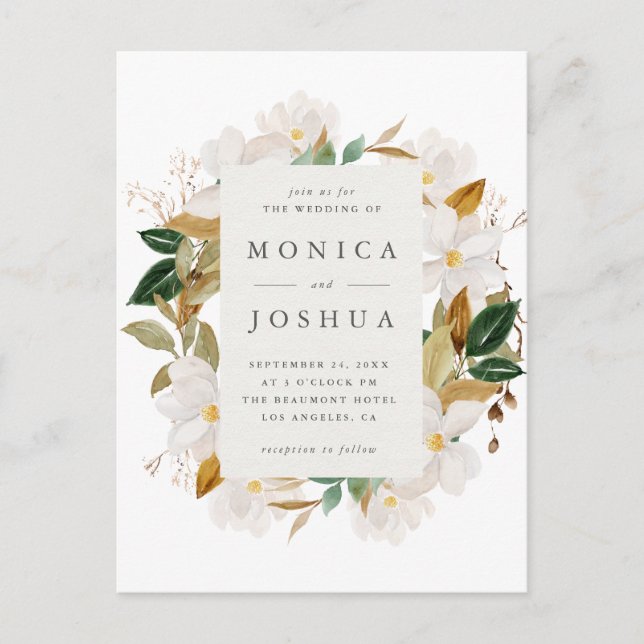 Invitation Carte Postale Aquarelle Magnolia Fleurs & Mariage de verdure (Devant)