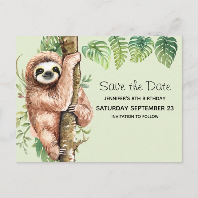 Invitation Carte Postale Aquarelle mignonne Sloth & Feuilles tropicaux STD (Devant)