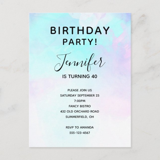 Invitation Carte Postale Aquarelle moderne Abstraite Pastel bleu & violet (Devant)