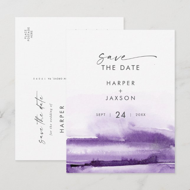 Invitation Carte Postale Aquarelle moderne | Purple Enregistrer la date (Devant / Derrière)