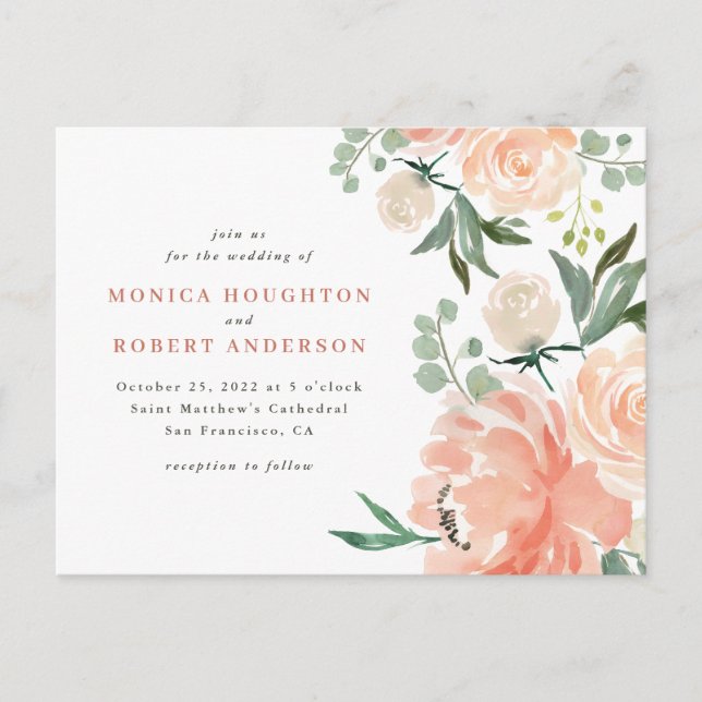 Invitation Carte Postale Aquarelle Pêche et Mariage rose pâle (Devant)