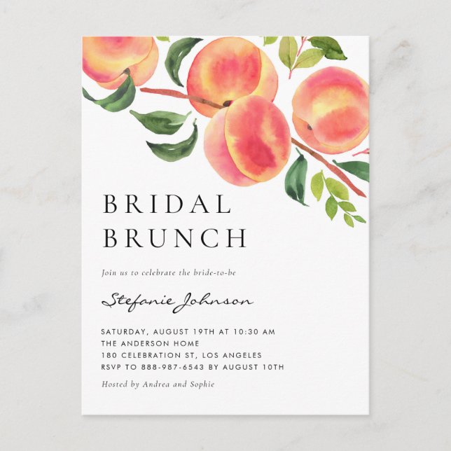 Invitation Carte Postale Aquarelle Pêche Fruit Été Mariée Brunch (Devant)