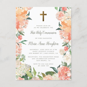 Invitation Carte Postale Aquarelle Peonies et Roses première sainte communi