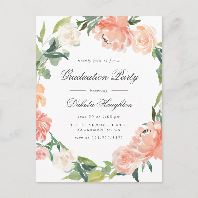 Invitation Carte Postale Aquarelle Peonies & Eucalyptus Graduation Party (Devant)