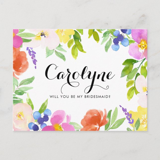 Invitation Carte Postale Aquarelle Printemps Fleurs Vous Serez Ma Femme D'A (Devant)