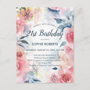 Invitation Carte Postale Aquarelle romantique rouge rose florale 21e annive