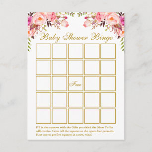Invitation Carte Postale Aquarelle rose Baby shower Floral Gold Bingo Card
