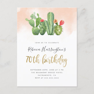 Invitation Carte Postale Aquarelle rose et cactus 70e anniversaire