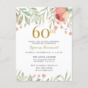 Invitation Carte Postale Aquarelle Rose et élégant Script 60e anniversaire
