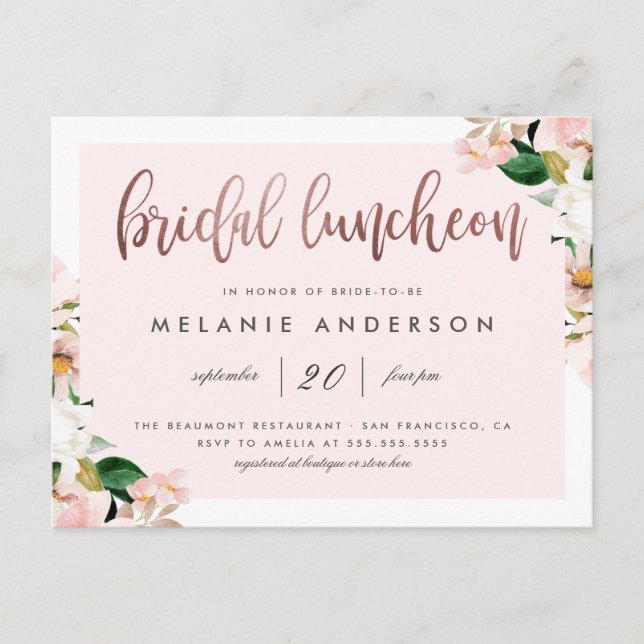 Invitation Carte Postale Aquarelle Rose Floral Rose Gold Bridal Luncheon (Devant)