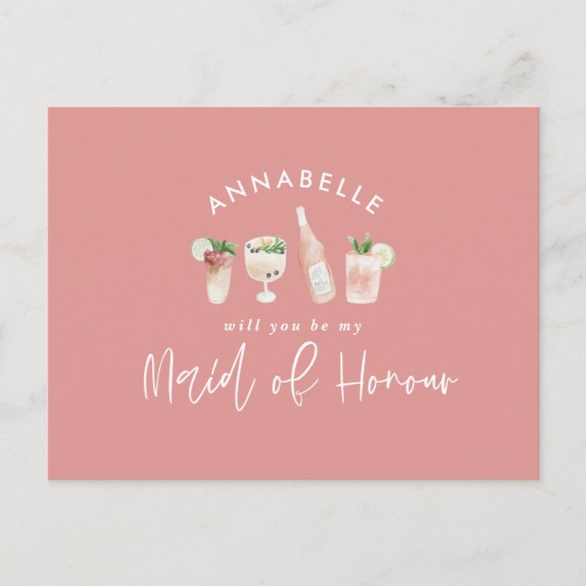 Invitation Carte Postale Aquarelle rose girly femme de chambre d'honneur ch (Devant)