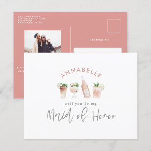 Invitation Carte Postale Aquarelle rose girly peinte boissons domestiques d