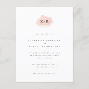 Invitation Carte Postale Aquarelle rose pâle minimaliste Initiales Mariage
