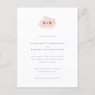 Invitation Carte Postale Aquarelle rose pâle minimaliste Initiales Mariage