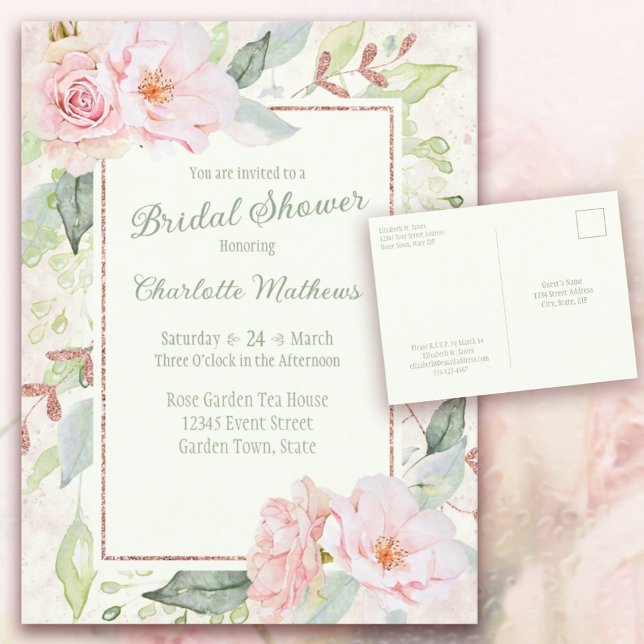 Invitation Carte Postale Aquarelle rose Rose Sage Fête des mariées verte (Pink Watercolor Roses Sage Green Bridal Shower Invitation Postcard. )