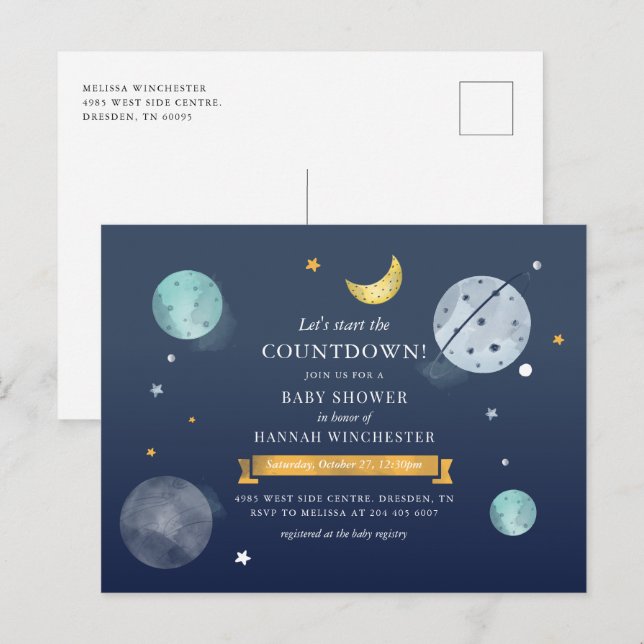 Invitation Carte Postale Aquarelle spatiale Galaxie Baby shower Invitati (Devant / Derrière)