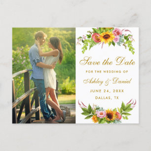 Invitation Carte Postale Aquarelle Tournesol Floral Or Enregistrer La Date