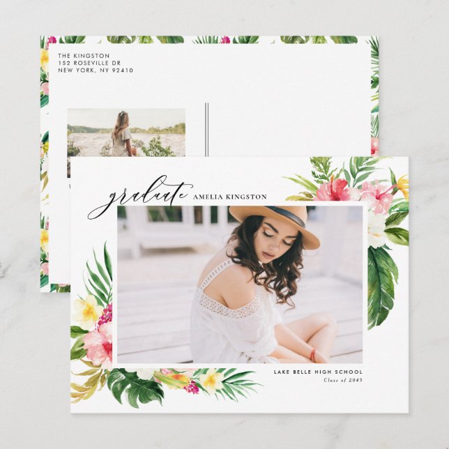 Invitation Carte Postale Aquarelle Tropical Floral Frame (Devant / Derrière)