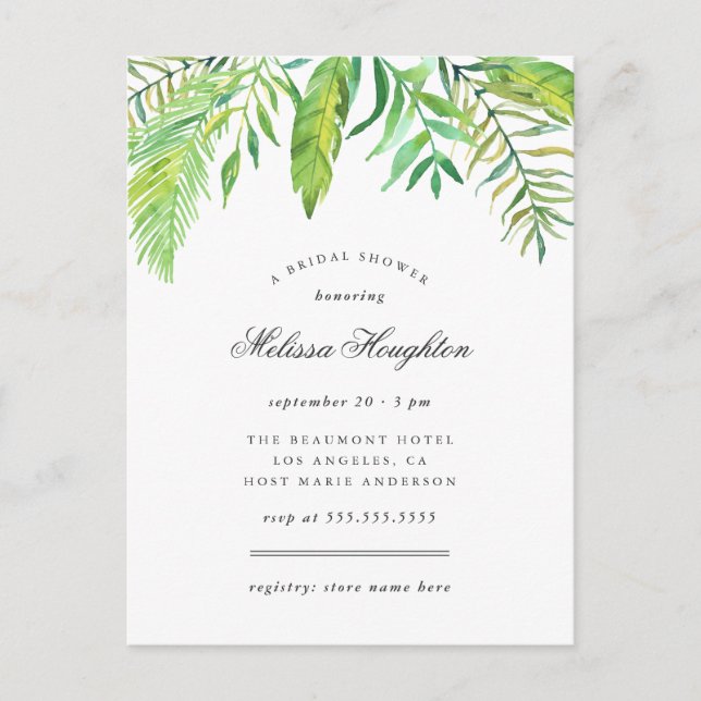 Invitation Carte Postale Aquarelle tropicale Feuilles Fête des mariées d'ét (Devant)