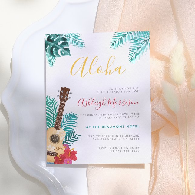 Invitation Carte Postale Aquarelle Ukulele | Tropical Birthday Luau Party (Créateur téléchargé)