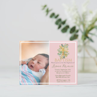 Invitation Carte Postale Aquarelle verte Floral Faux Gold Photo Baptême