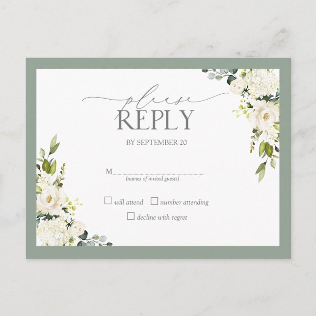 Invitation Carte Postale Aquarelle verte gris blanc Mariage floral RSVP (Devant)