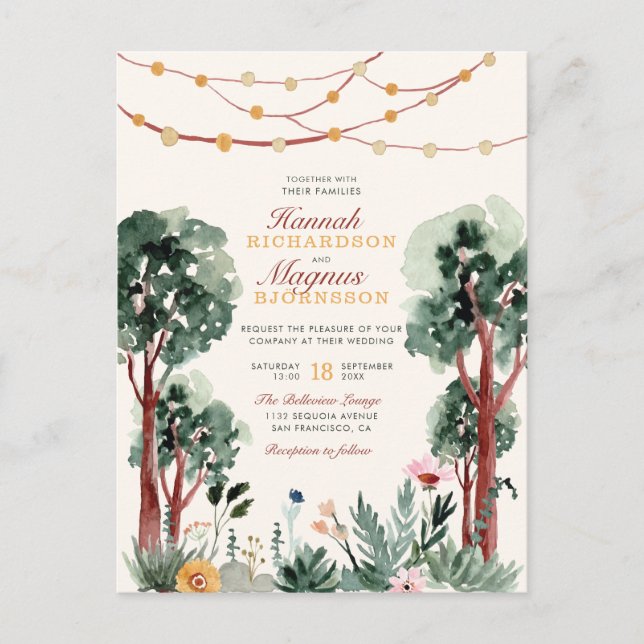 Invitation Carte Postale Arbres botaniques doux vert foncé Unique Mariage (Devant)