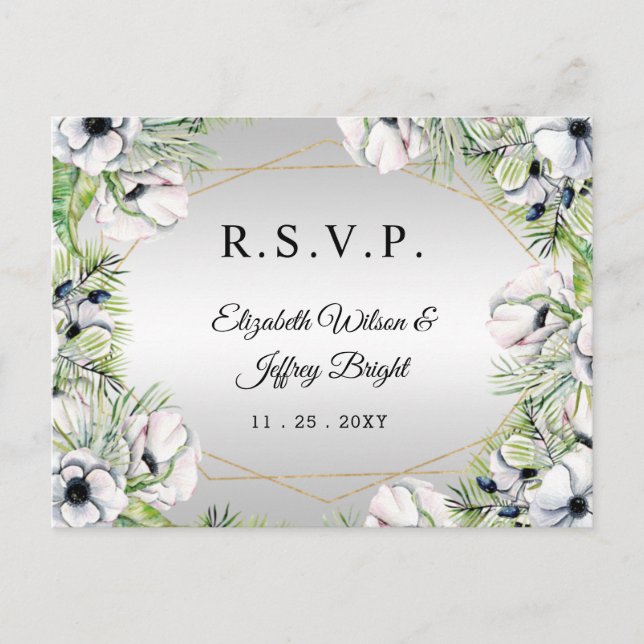 Invitation Carte Postale Argent blanc anémone or géométrique RSVP (Devant)