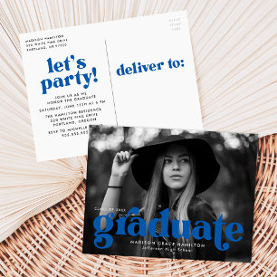 Invitation Carte Postale Audacieuse Typographie Bleue Photo Party Graduatio